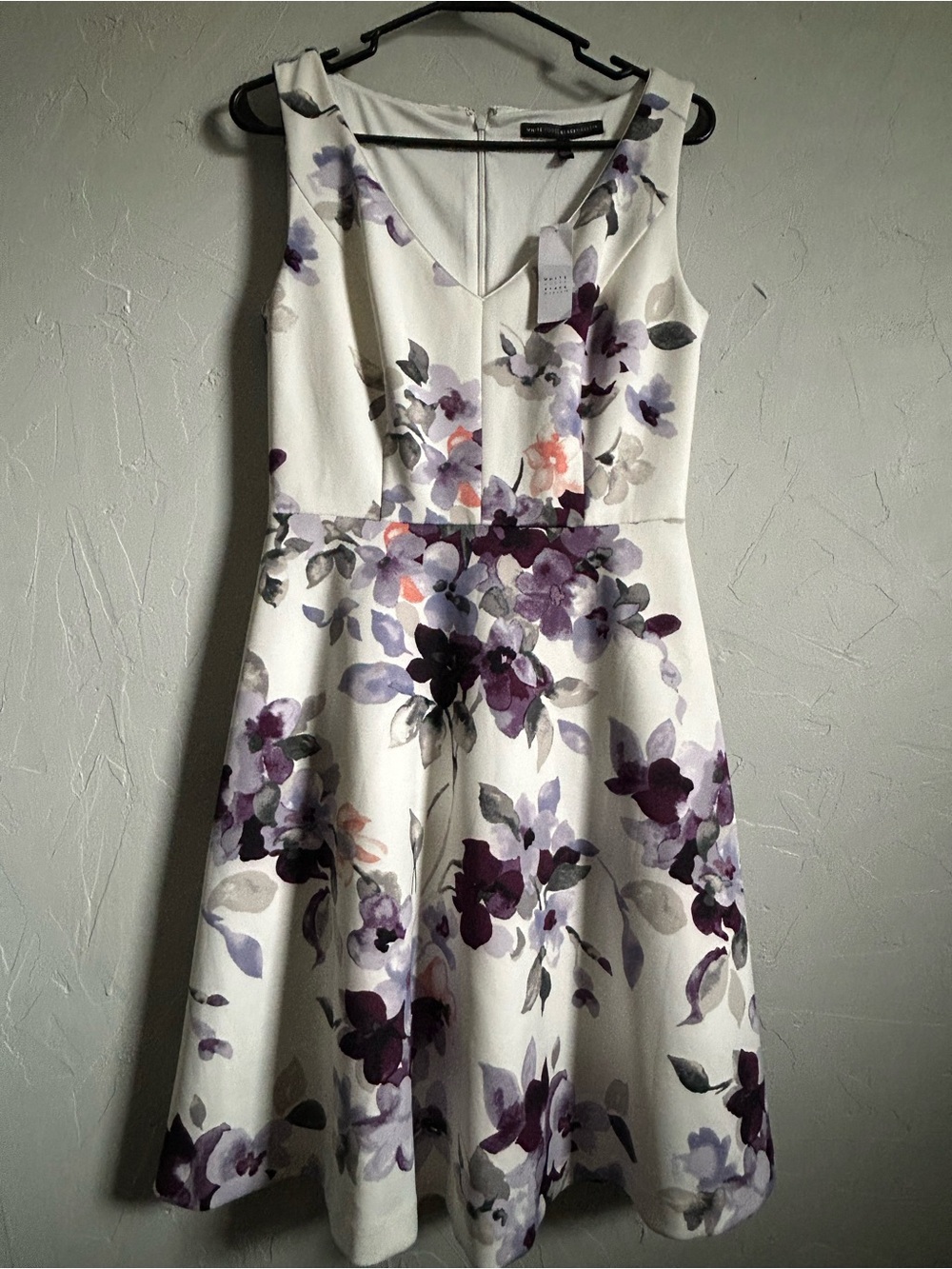 White House Black Market White Midi Dress with Purple Floral Print
